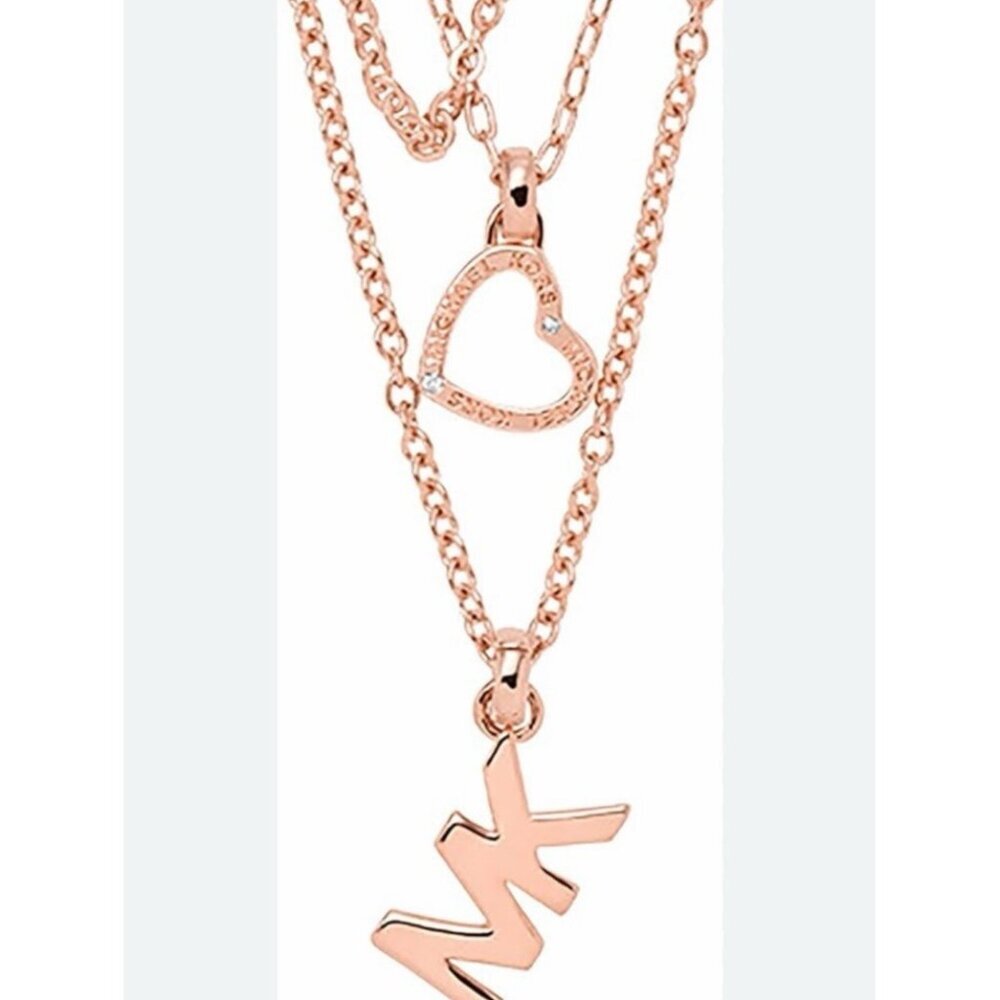 MICHAEL KORS MK ROSE GOLD CHAIN MULTI STRAND CHARM HEART RHINESTONE NECKLACE NEW